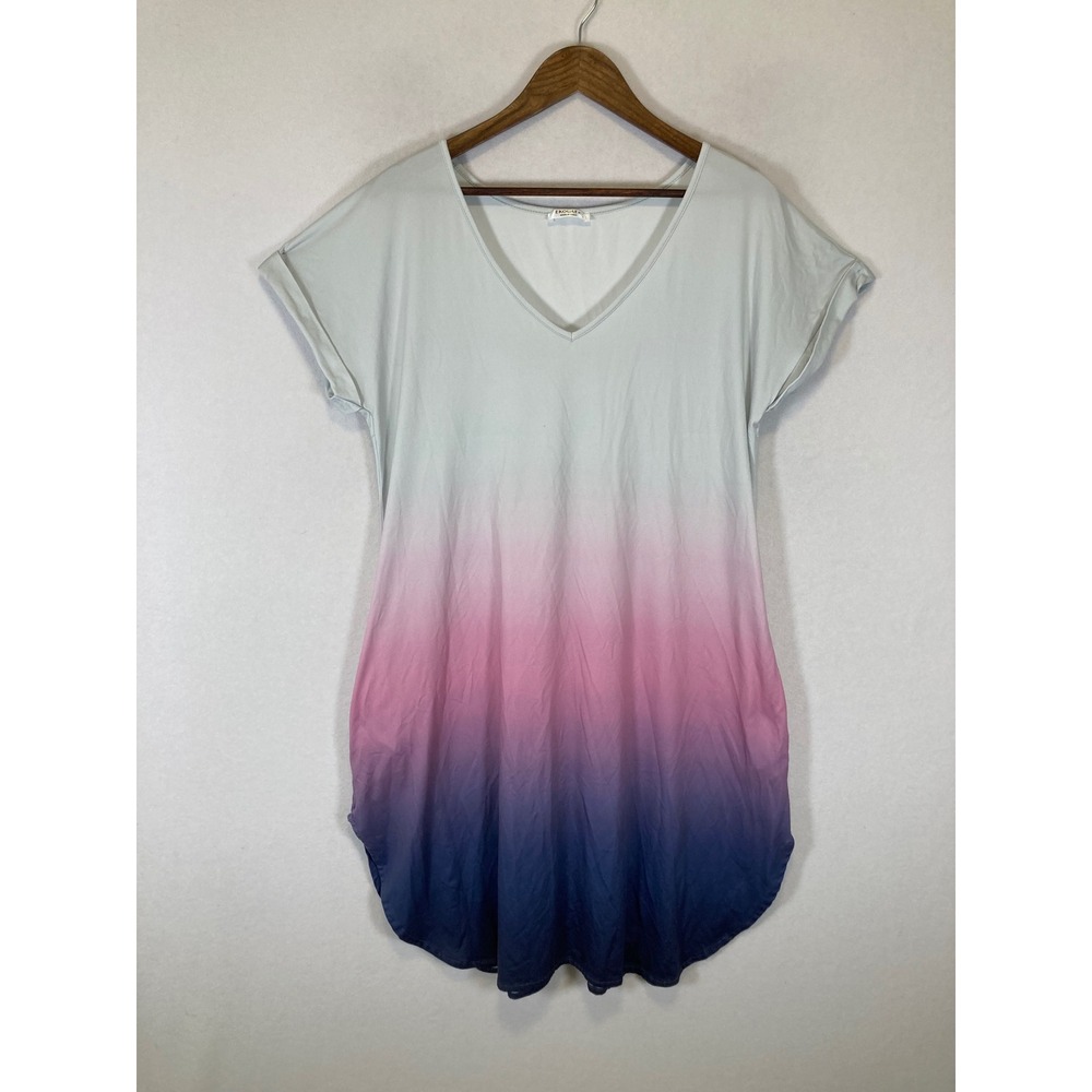 Sunset Ombre Ekouaer Women Large Pink‎ Blue V-Neck Pockets T-Shirt Dress
